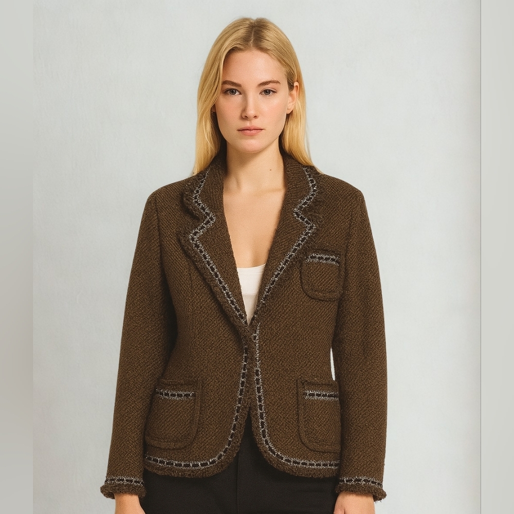Dialogue Jacket  Tailored Black Brown Cropped Tweed Jacket Wool Fringe Trim 10
